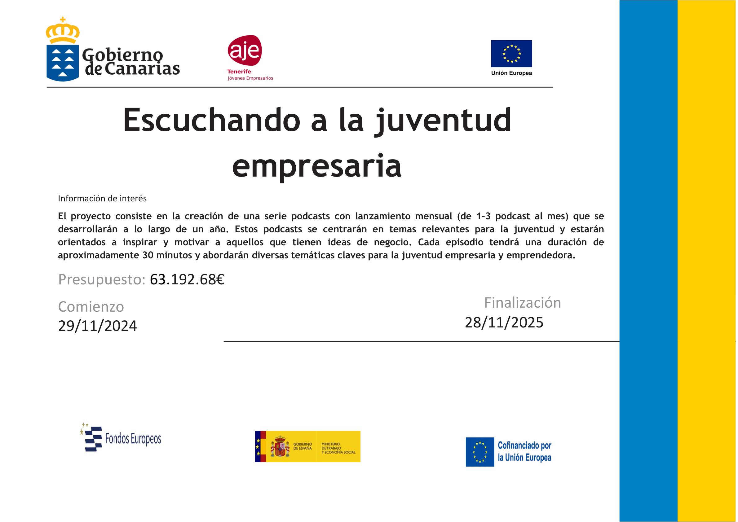 Cartel publicitario del proyecto «Escuchando a la juventud empresaria», cofinanciado por el Fondo Social Europeo Plus (FSE+)